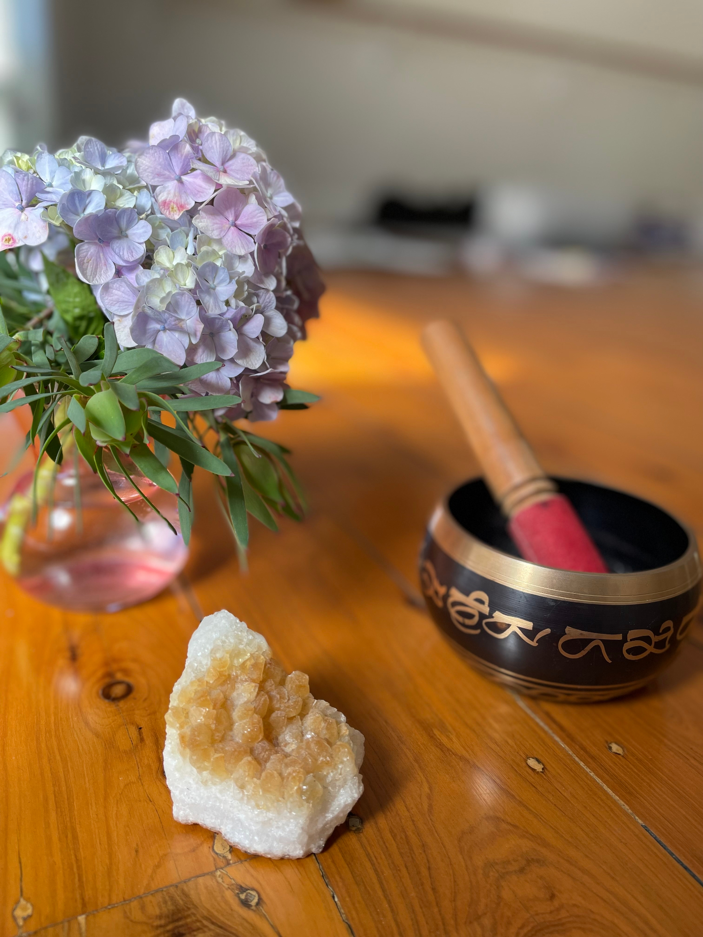 Singing bowl, crystals and flowers for nervous system healing